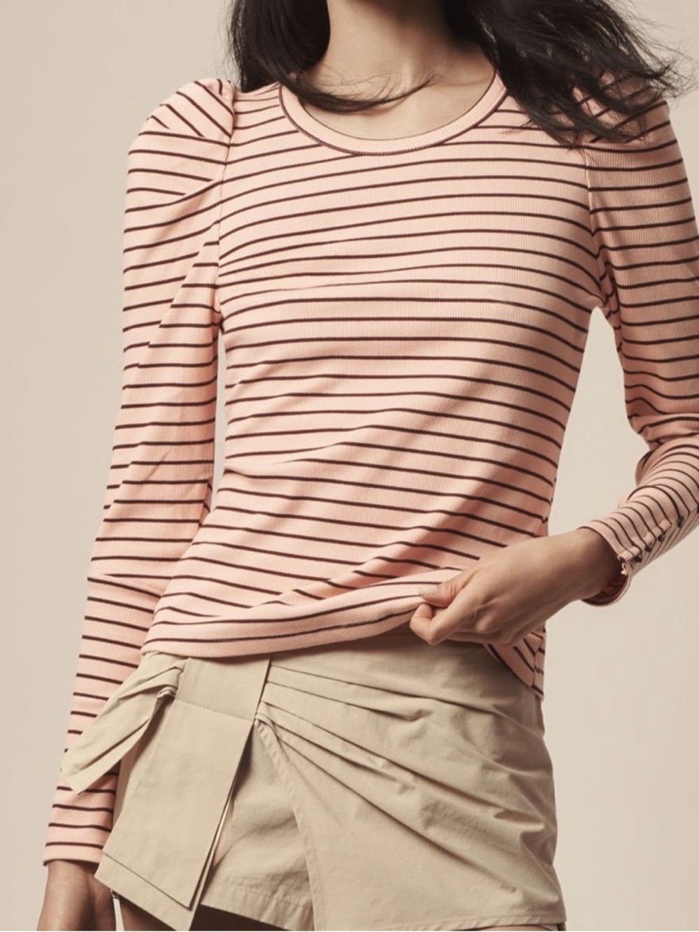 Maeve Anthropologie Ribbed Striped Puff Shoulder Top L Blush Pink Clean Girl